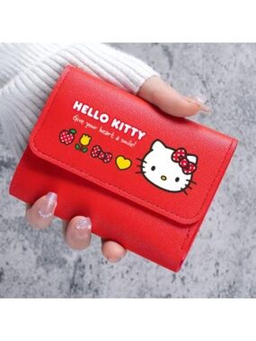 Hello Kitty Red Bifold Wallet Slim PU Leather Card Holder, Cute Compact